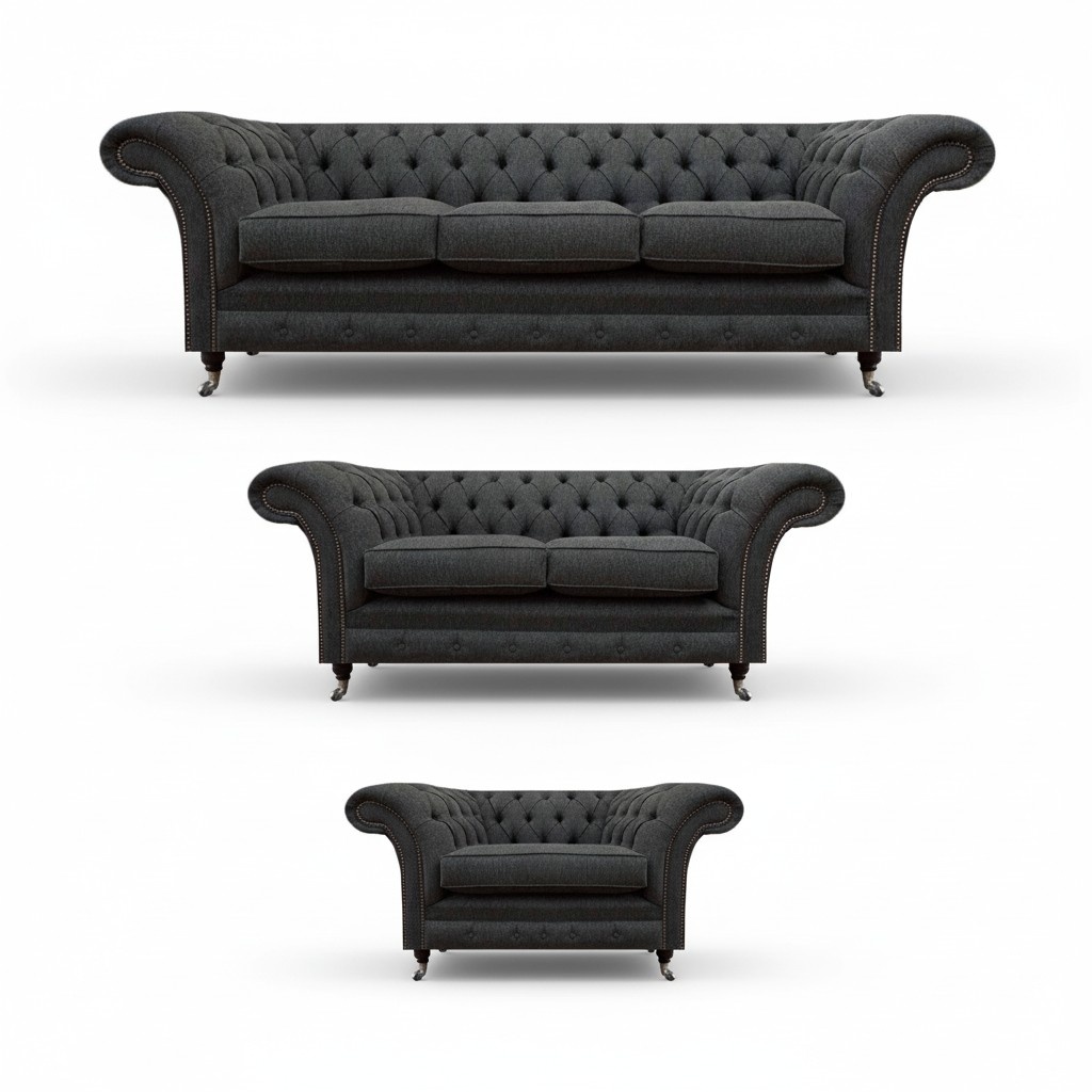 Exclusive black upholstered Chesterfield three-seater luxurious armchair.