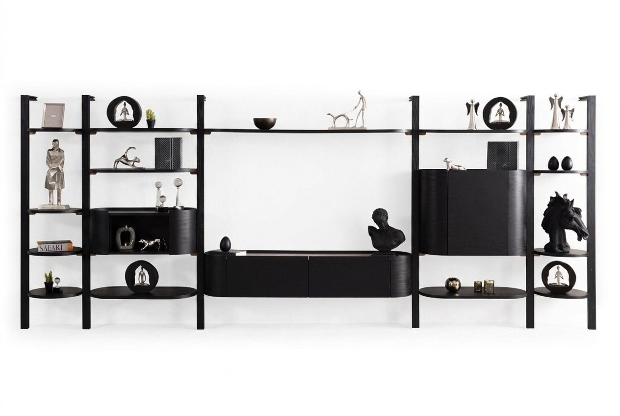 Exclusive black wall unit designer living room furniture noble wooden wall