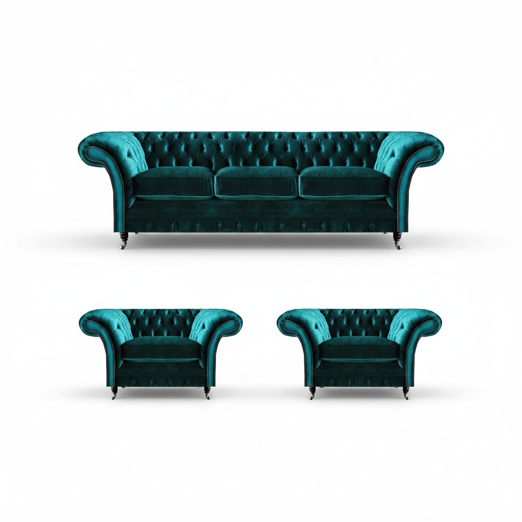 Exclusive Chesterfield Green Couches 2x Elegant Armchairs 3-Seater 3pcs