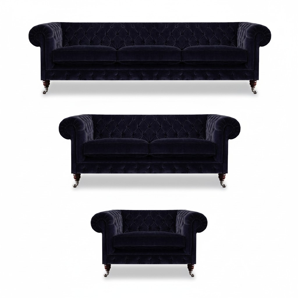 Exclusive Chesterfield sofas designer three-seater, two-seater textile armchair.