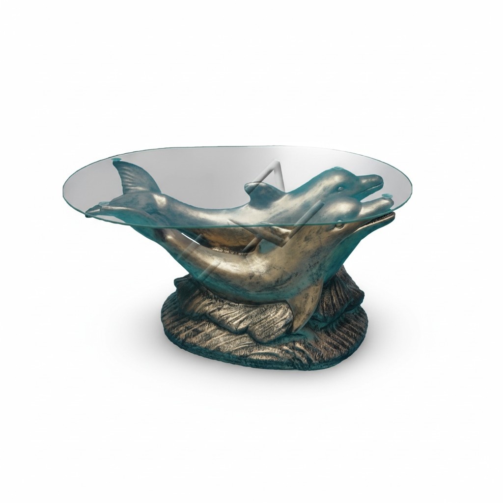 Glass oval coffee table with a golden two dolphins sculpture 46cm