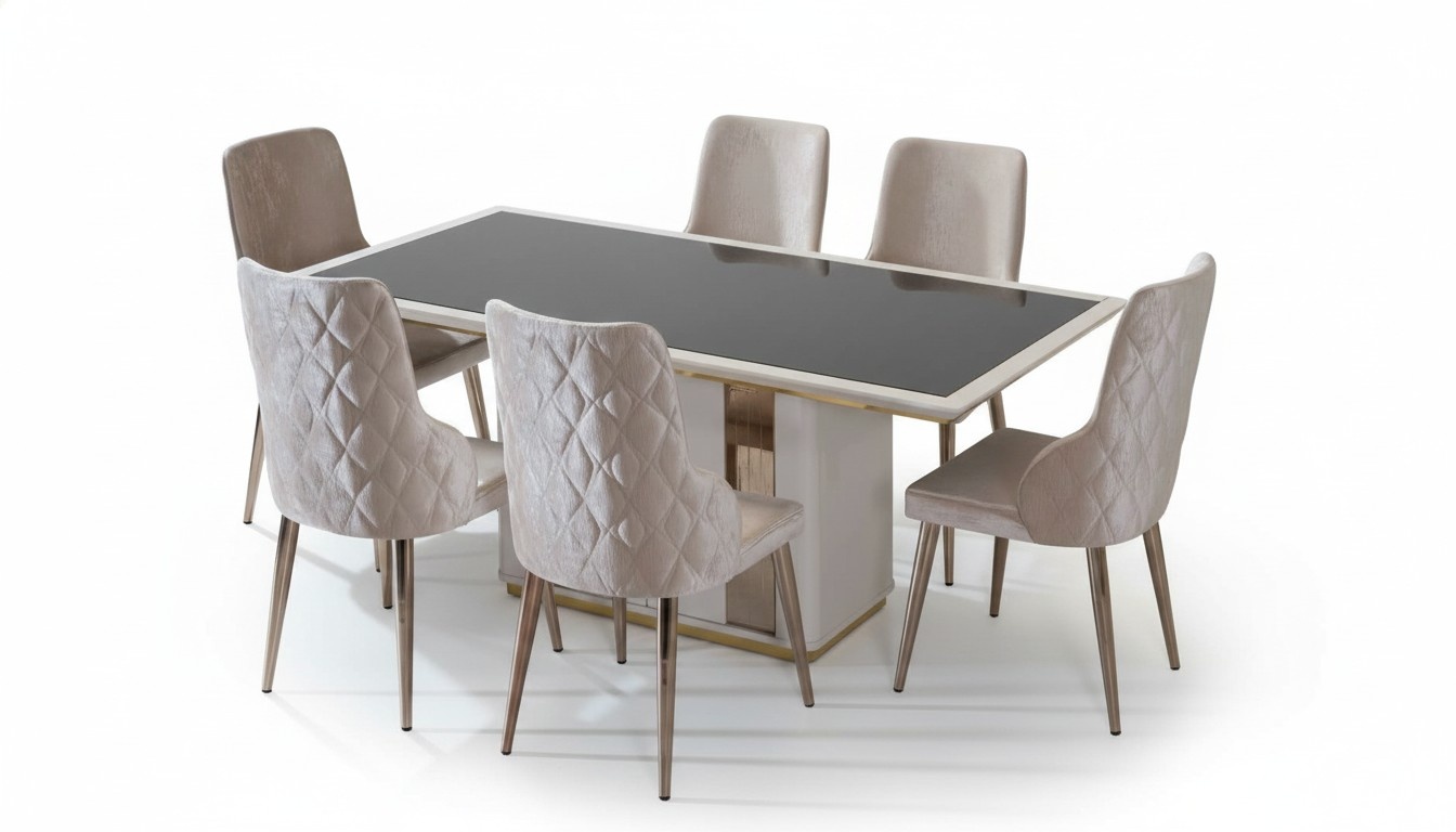 Exclusive dining room set elegant glass table designer upholstered chairs 7-piece