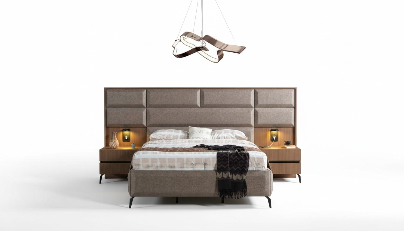 Exclusive gray bedroom double bed with 2x bedside tables 3-piece set