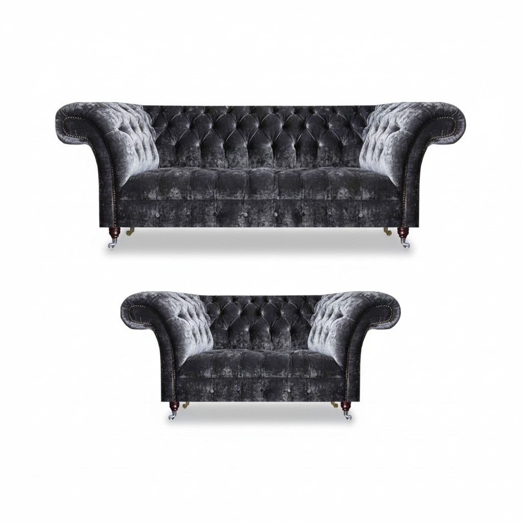 Exclusive Grey Chesterfield Seating Set Designer Three-Seater 2-Seater
