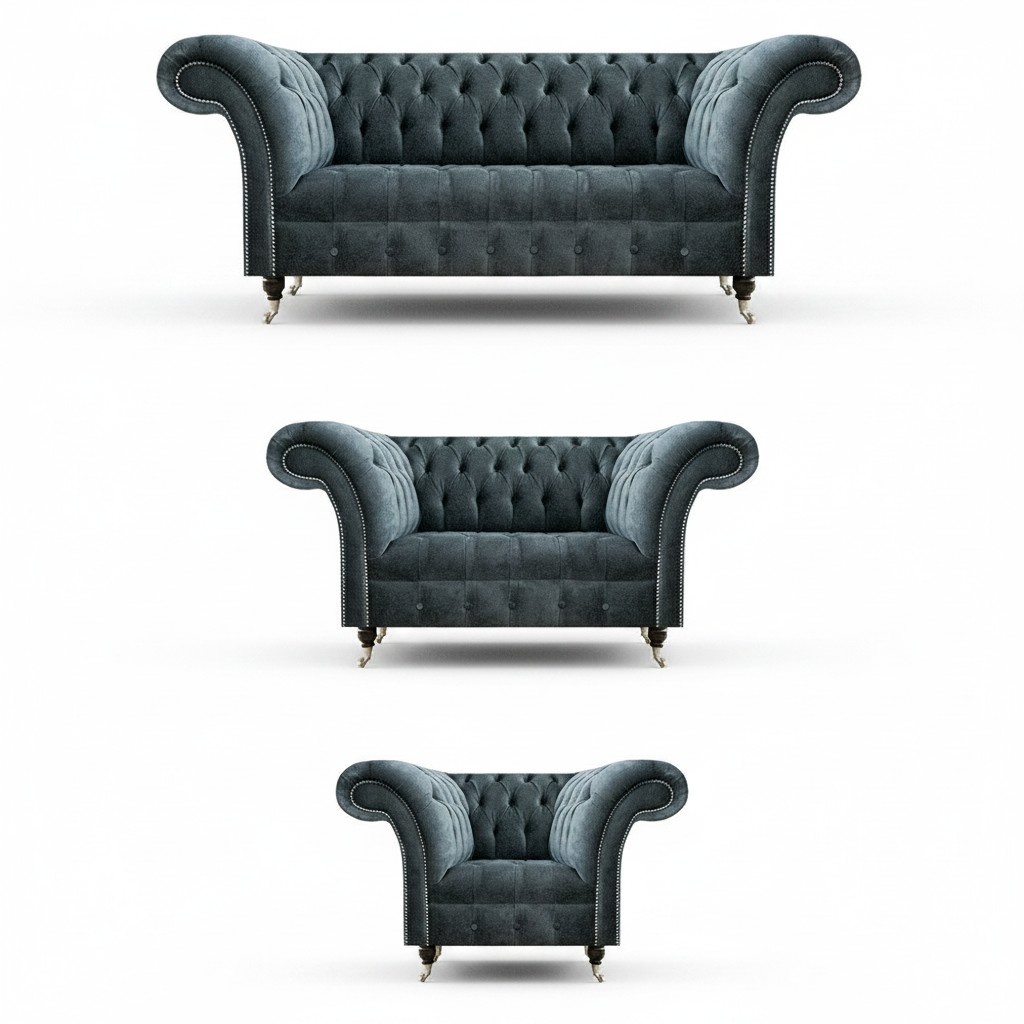 Exclusive gray Chesterfield sofas, elegant 3-seater, two-seater armchair, 3 pieces