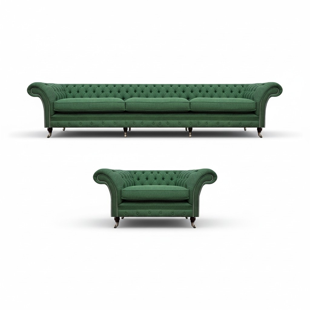 Exclusive green Chesterfield set complete with armchairs and a 3-seater.