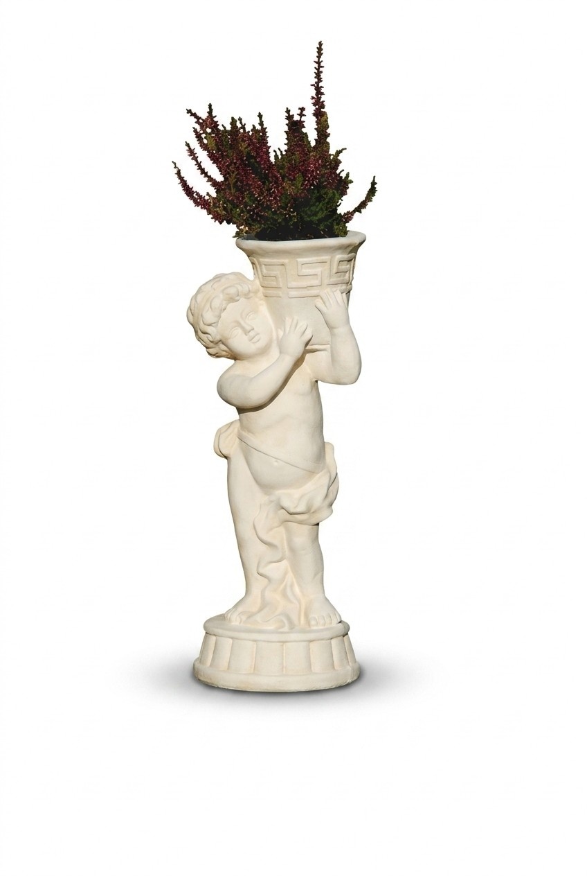 Garden flower pot made of weather-resistant cement with decorative angel figure statue in antique style