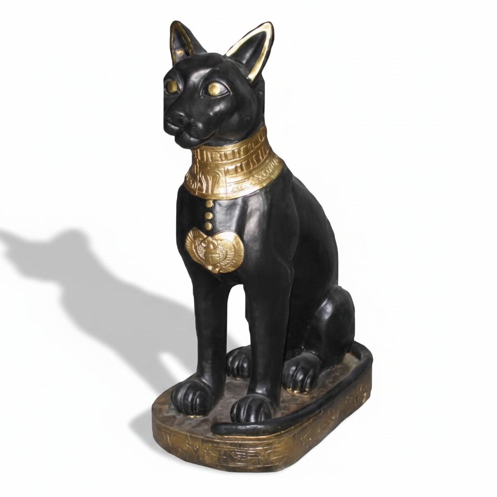 Decorative sculpture of ancient egyptian black colored cat bastet with a golden necklace 60cm