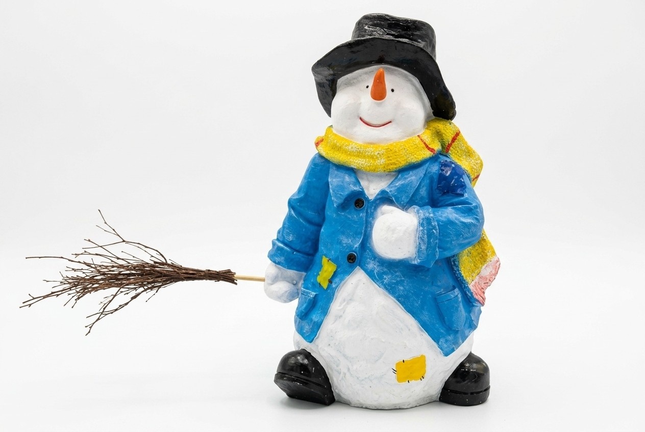 Deco figure of a christmas snowman dressed in blue jacket & holding a broom 75x50x40cm
