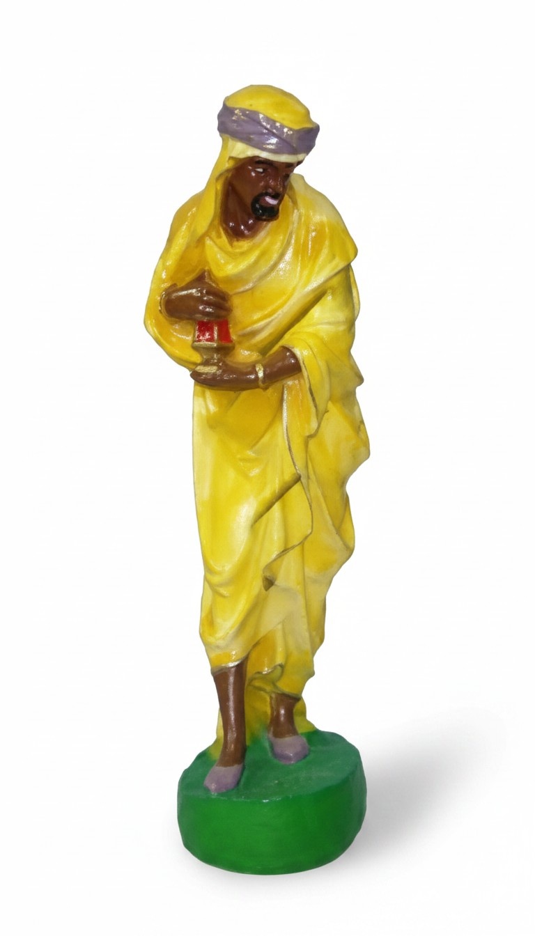 Decorative sculpture designed as gloss colorful king caspar in yellow dress 80cm