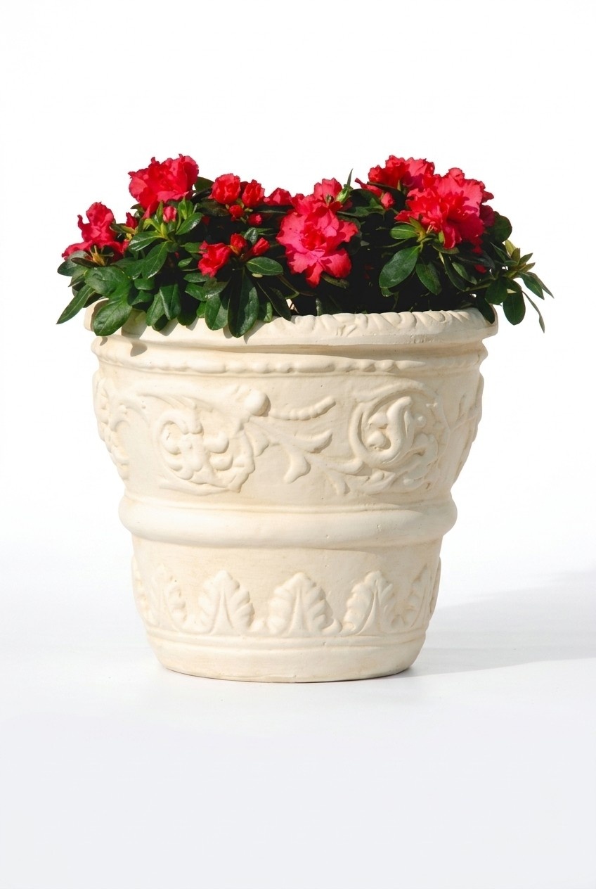 Ornamental garden flower basket vase-pot made of weather-resistant cement in antique style