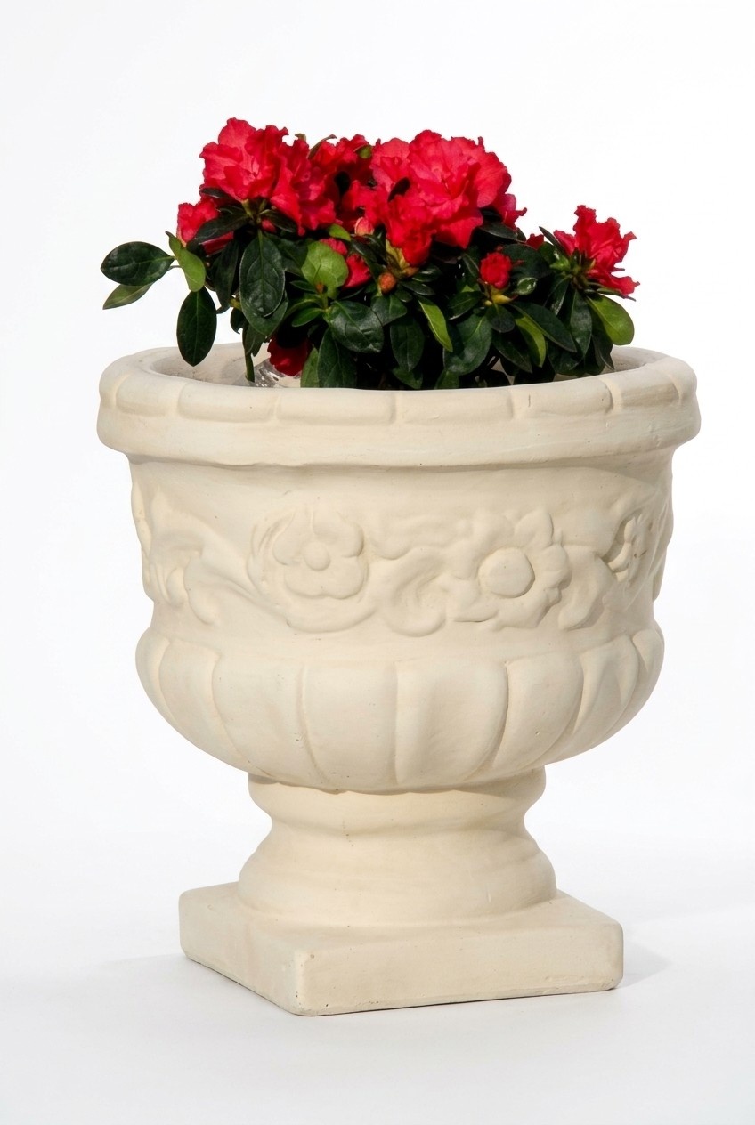 Ornamental garden flower vase-pot with patterns made of weather-resistant cement