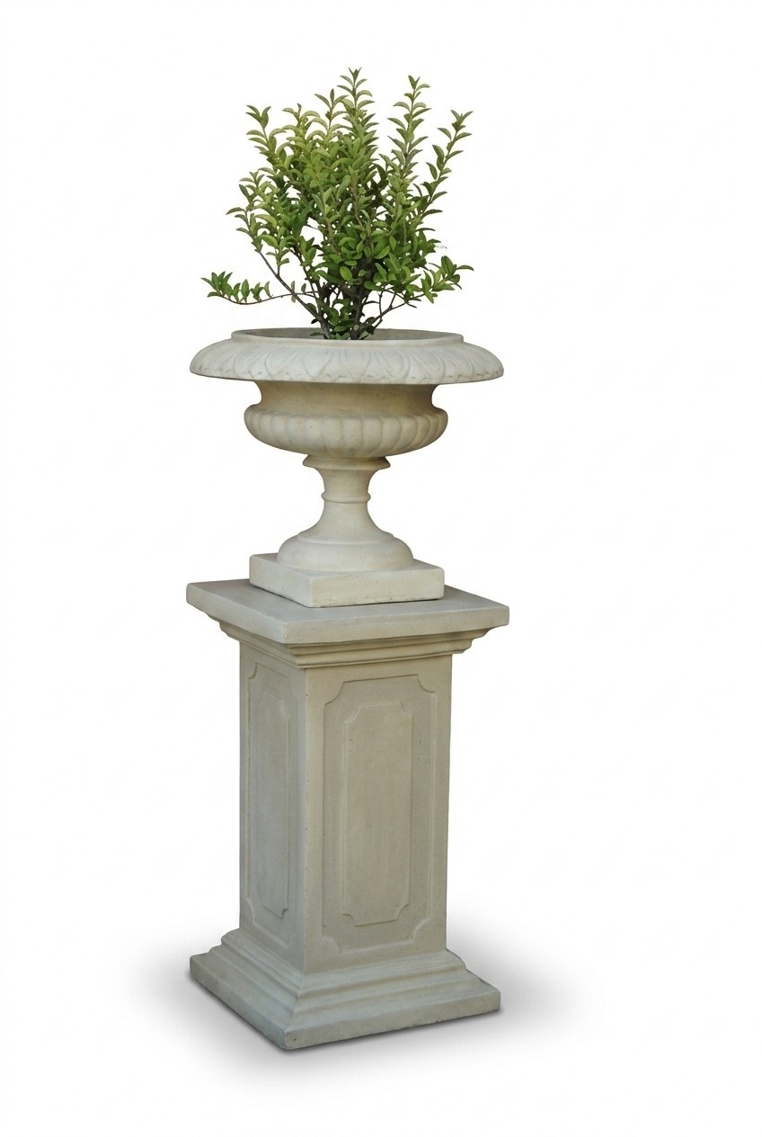 Decorative garden flower basket vase-pot on column made of weather-resistant cement in antique style