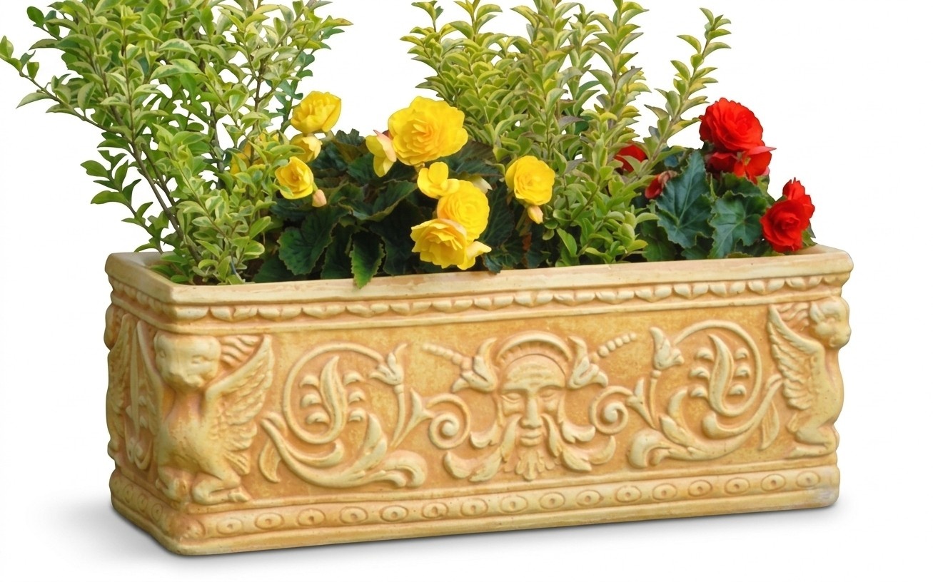 Decorative garden flower vase-pot with patterns made of weather-resistant cement