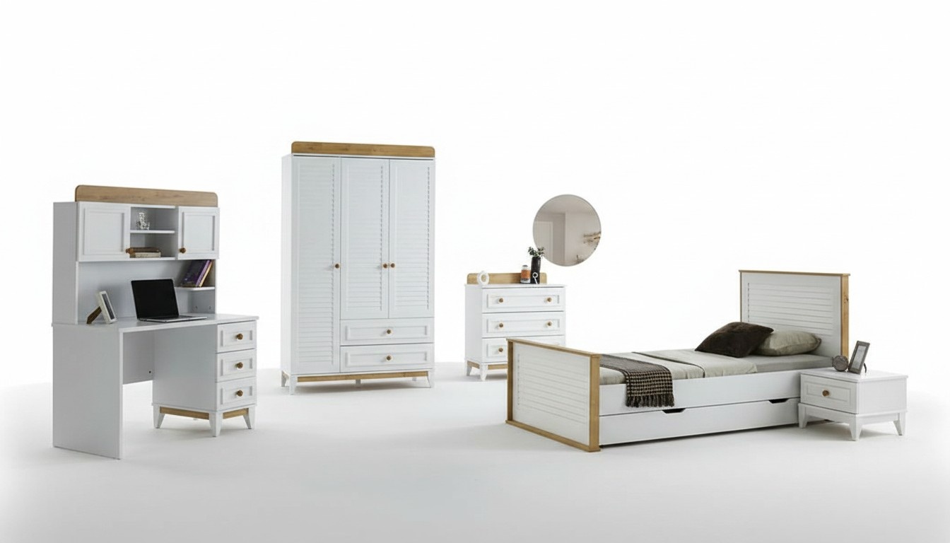 Children\'s room furniture set complete bed child furniture wood white 5-piece bedroom set