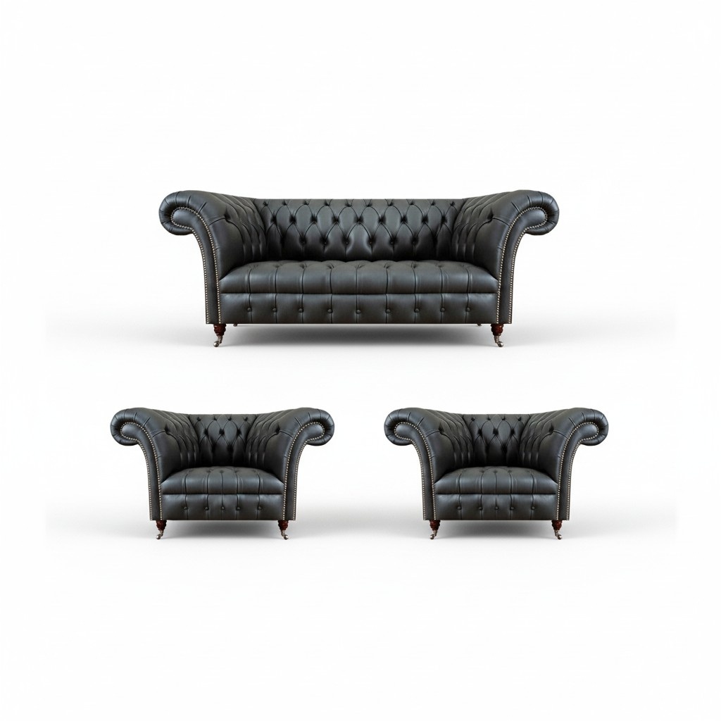 Furniture Leather Sofas Complete Sofa Set 3-piece Living Room Chesterfield