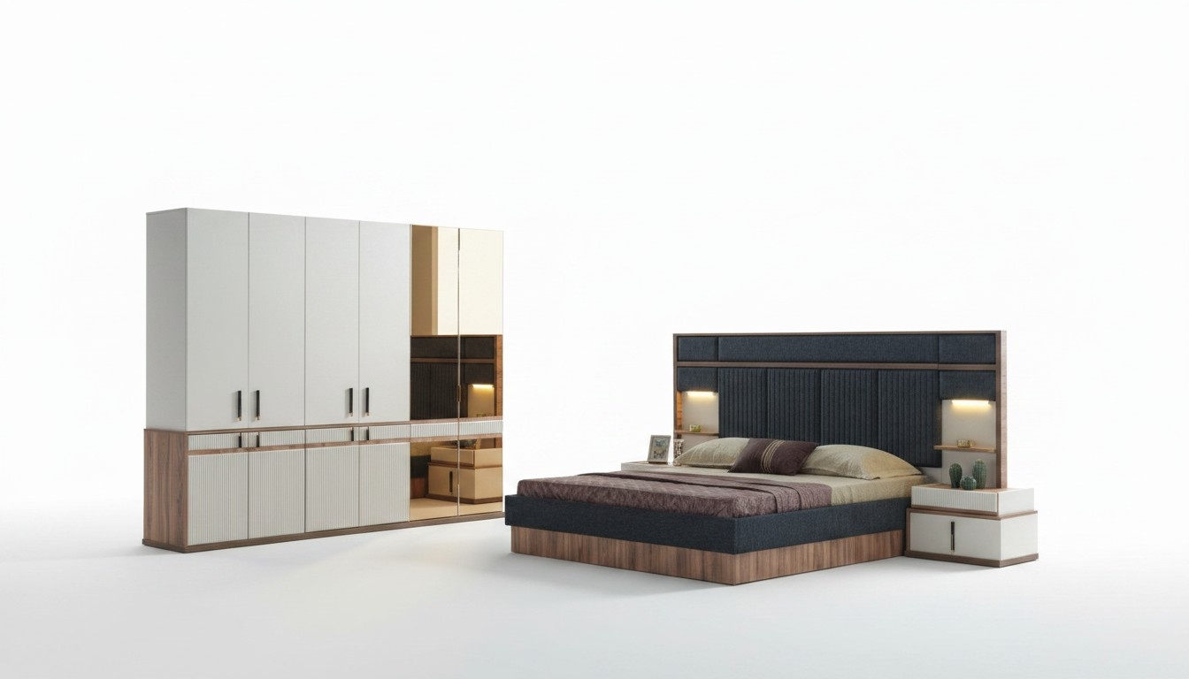 Furniture Luxury bed 2x bedside tables wardrobe bedroom set
