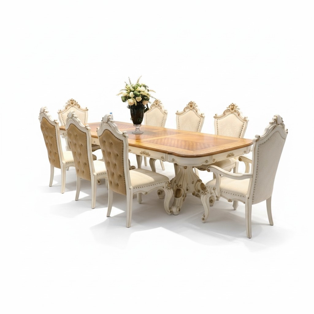 Baroque style made of real wooden dining room set of 6x-chairs, 2x-armchairs & rectangular table