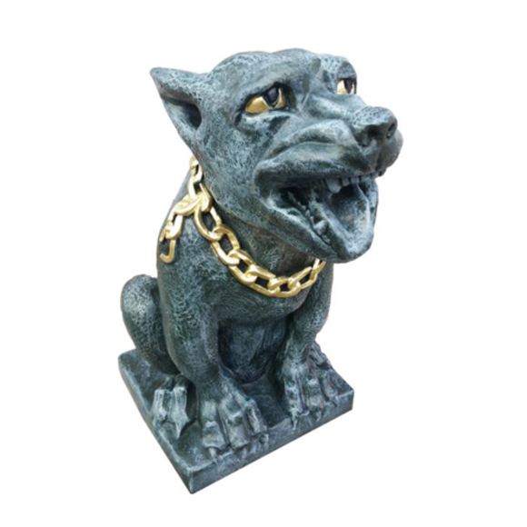 Decorative sculpture designed as a dark grey colored troll dog with a golden necklace 56cm G12
