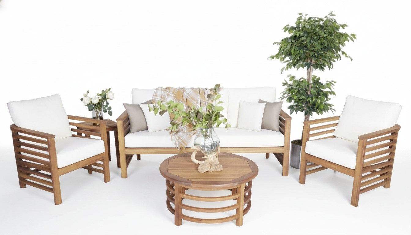 Garden Furniture Set Complete Sofa 3 Seater 2x Armchairs Wooden Furniture Coffee Table