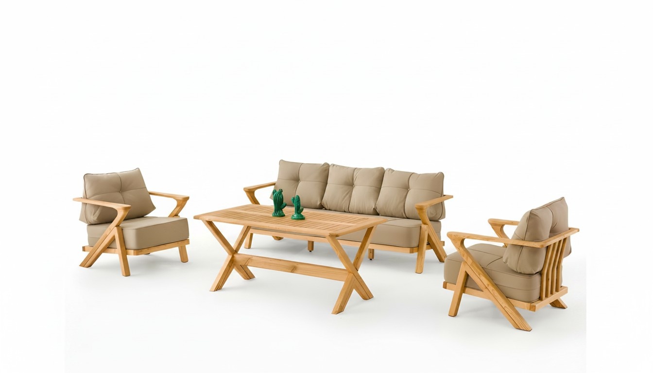Wood and textile garden furniture set in beige, modern, 4-piece.