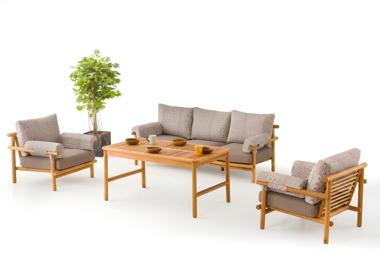 Garden furniture set made of wood and textile in beige with sofa and armchairs.