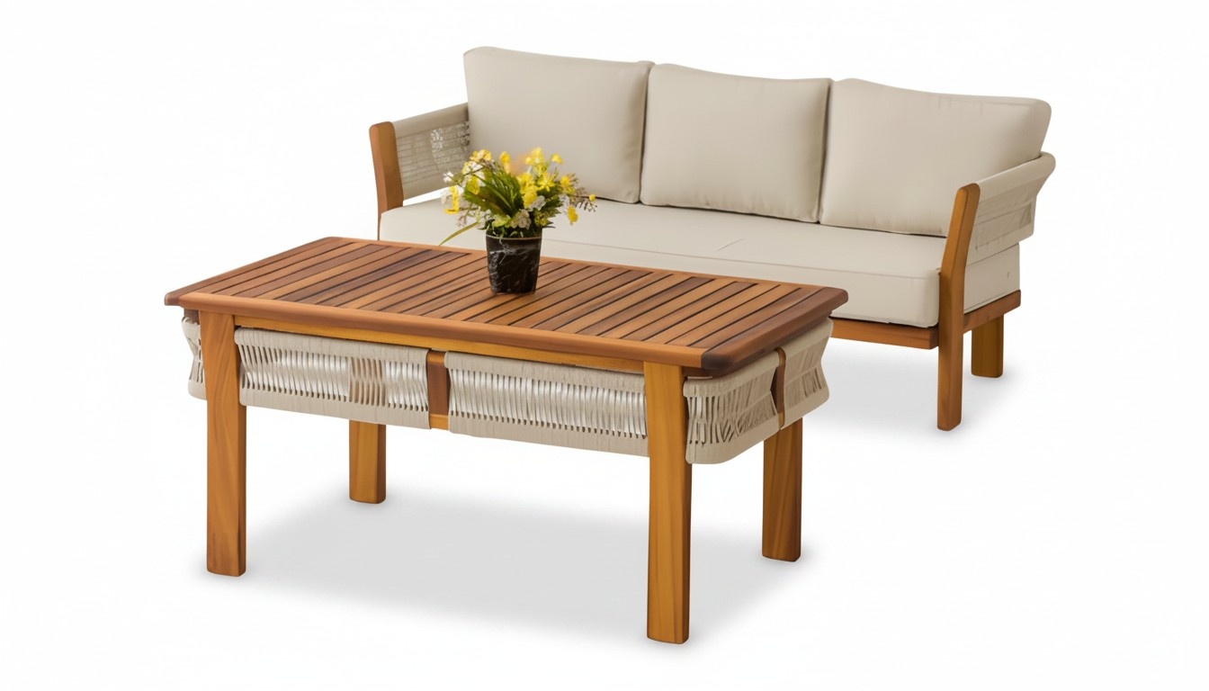 Modern beige garden furniture set made of wood and textile.