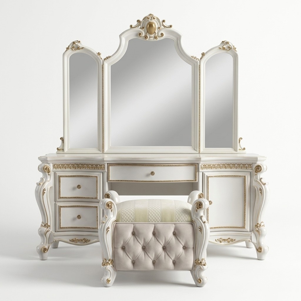 Carved Baroque Furniture Dressing Table Stool Mirror Bedroom Dresser 3pcs.