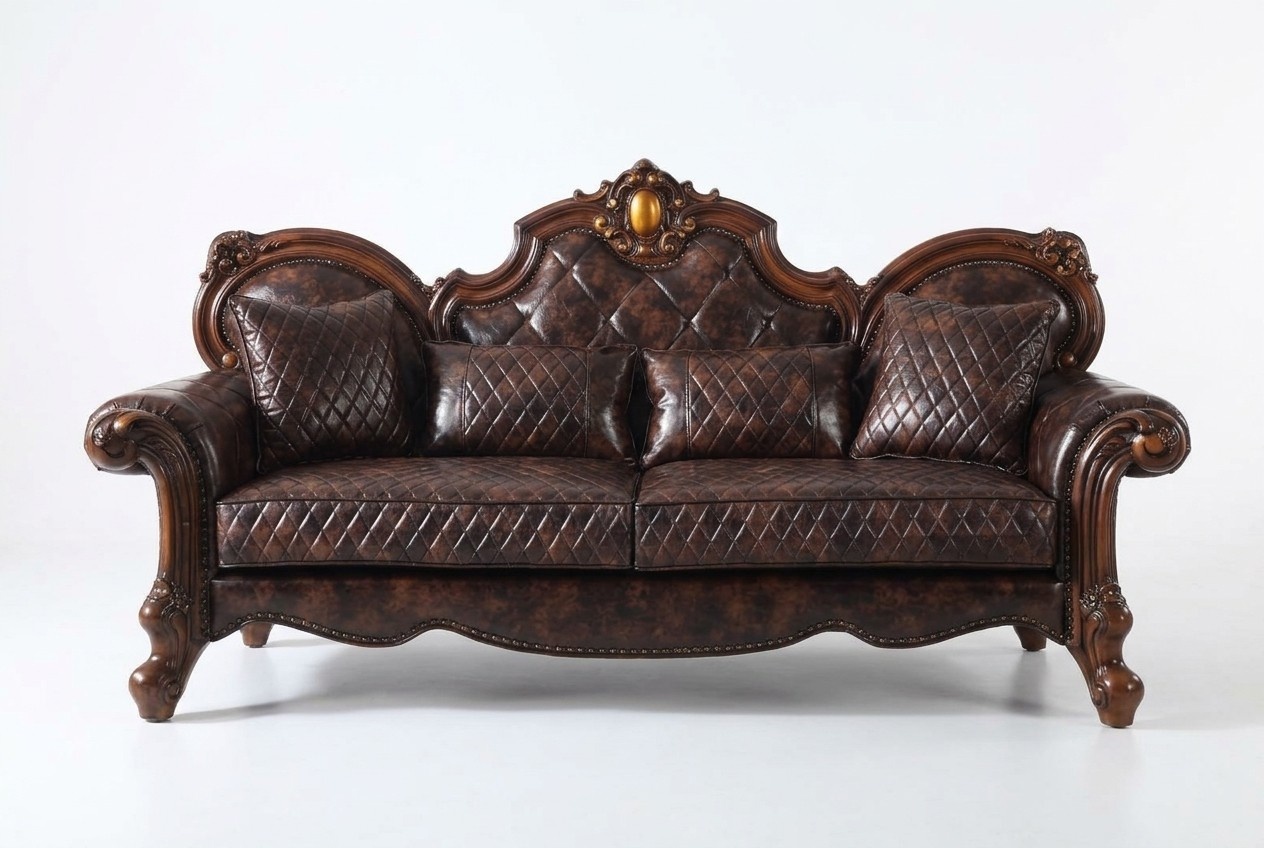 Carved Baroque Living Room Furniture Sofa Leather Couch Three Seater Seat Cushion New