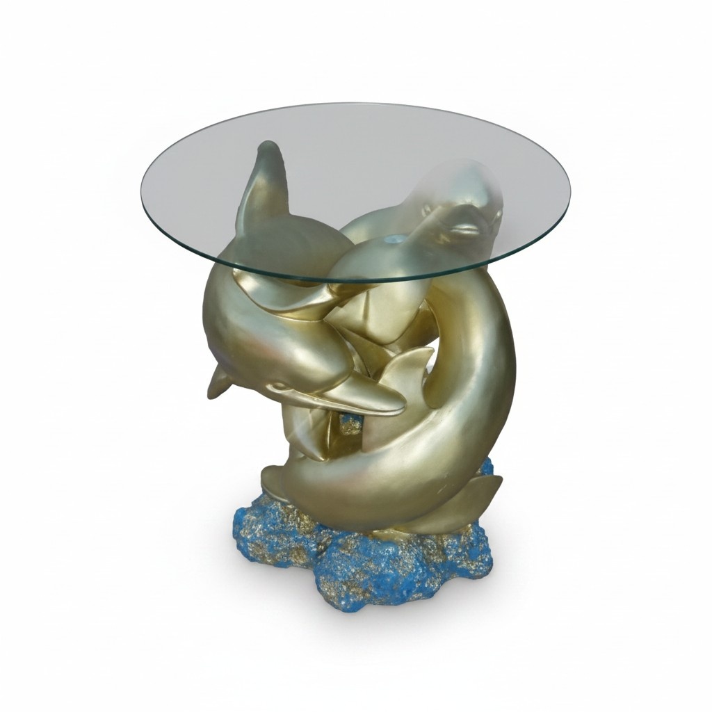 Round glass coffee table with golden gloss dolphins sculpture 60cm