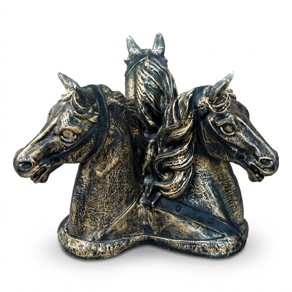 Round glass coffee table with decorative three head horses sculpture 50cm height