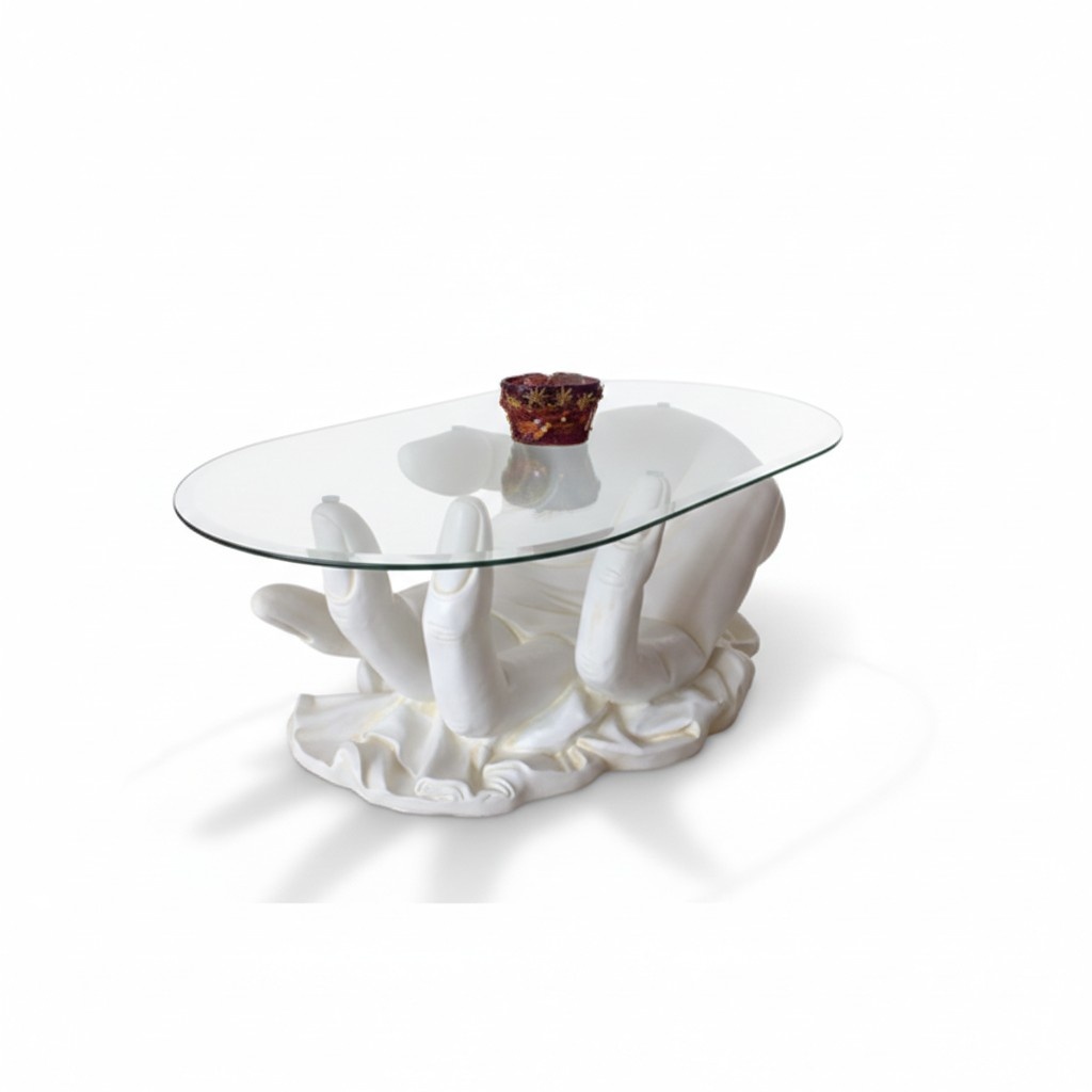 Oval glass coffee table decorated with white colored hand figure 120x50x45cm