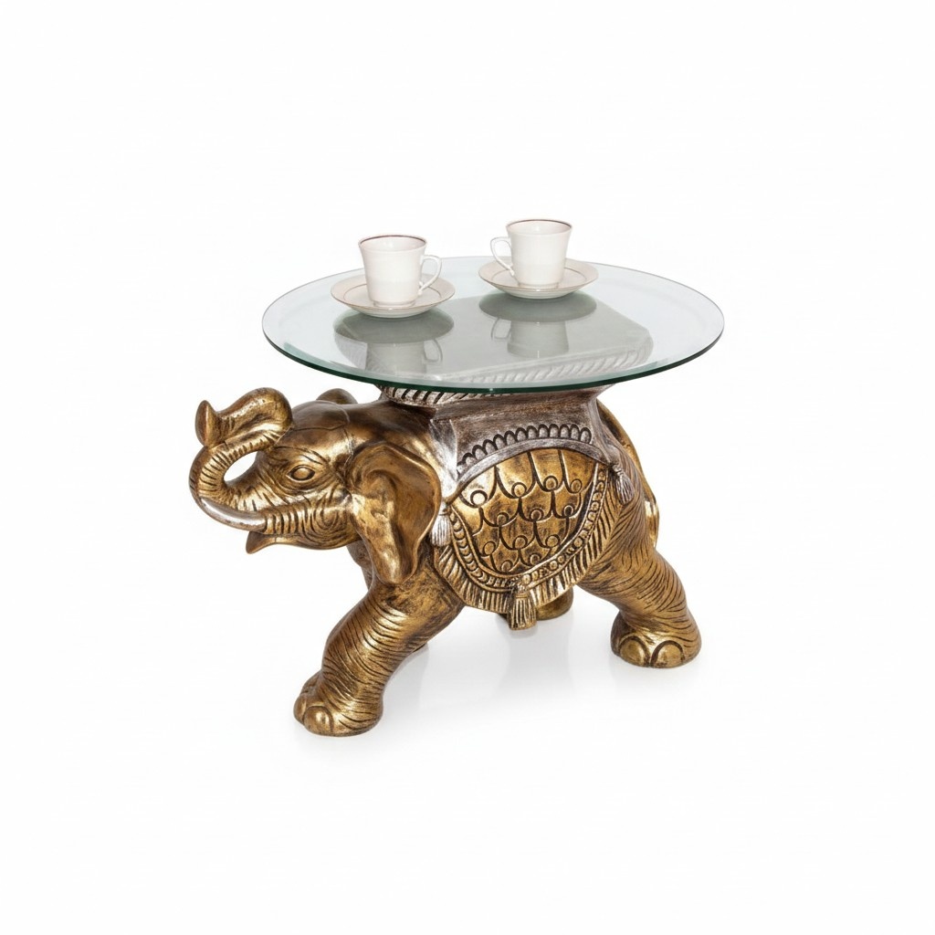 Round glass coffee table decorated with golden elephant figure 45cm