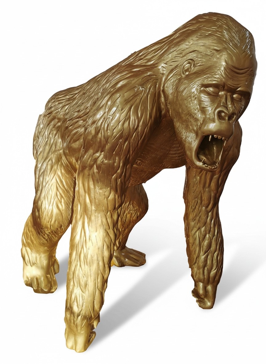 Golden colored abstract decorative sculpture designed as shouting gorilla 130cm