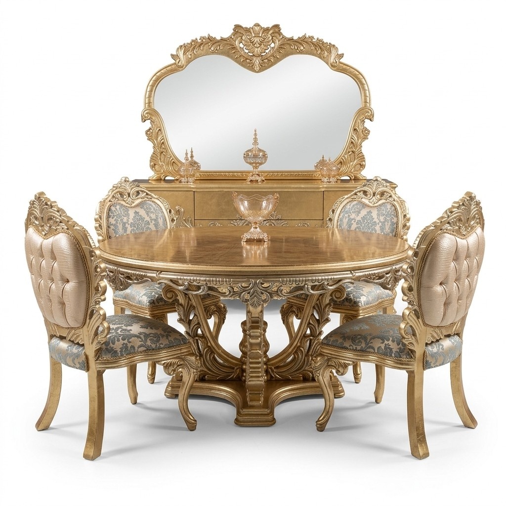 Golden round dining table dining set table 4x chair sideboard 6 pcs. new