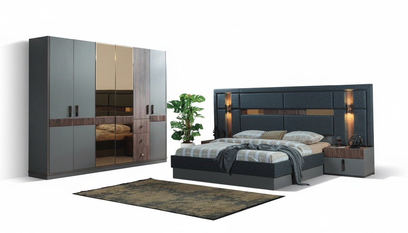 Grey bedroom complete set bed 2x bedside tables wardrobe