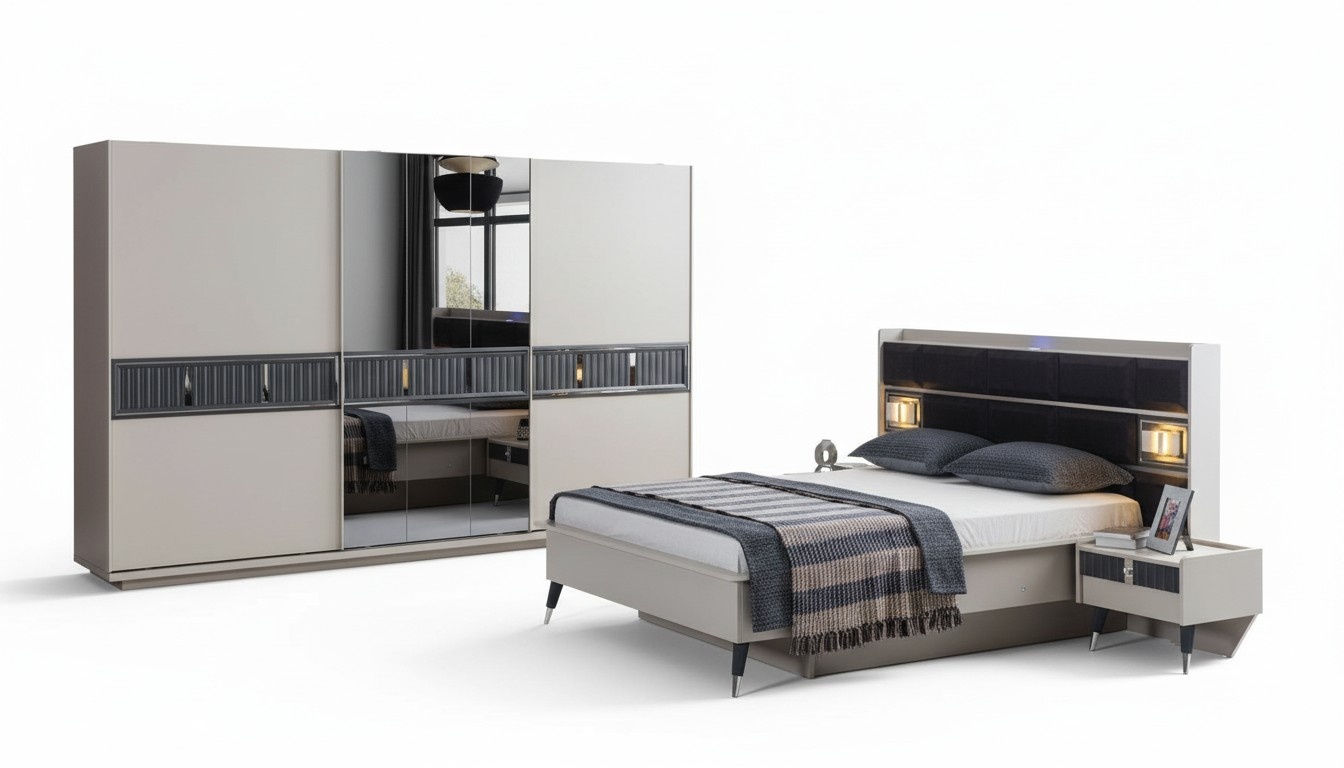 Grey bedroom furniture designer bed 2x bedside tables wood wardrobe 4pcs
