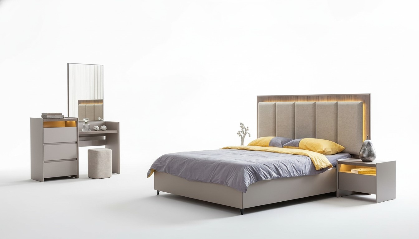 Gray bedroom set bed with 2 nightstands & stylish vanity table