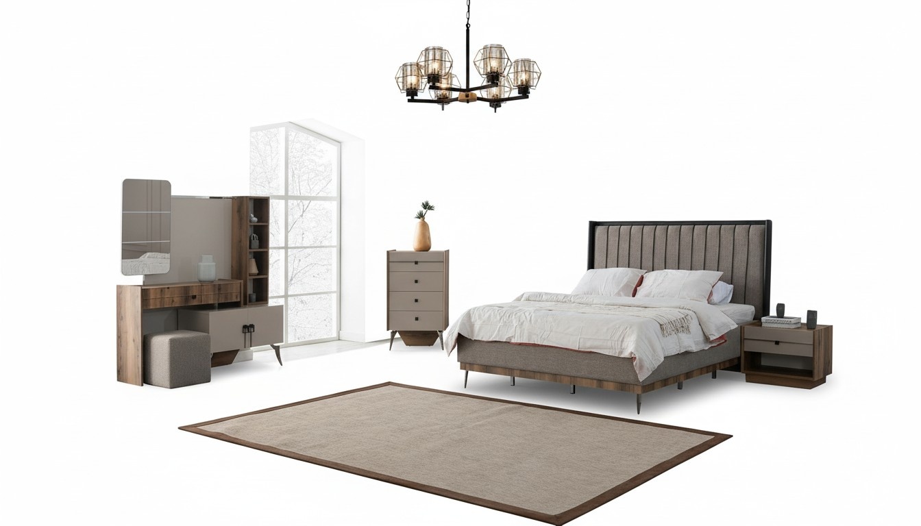 Gray bedroom set double bed 2x bedside tables wooden dressing table