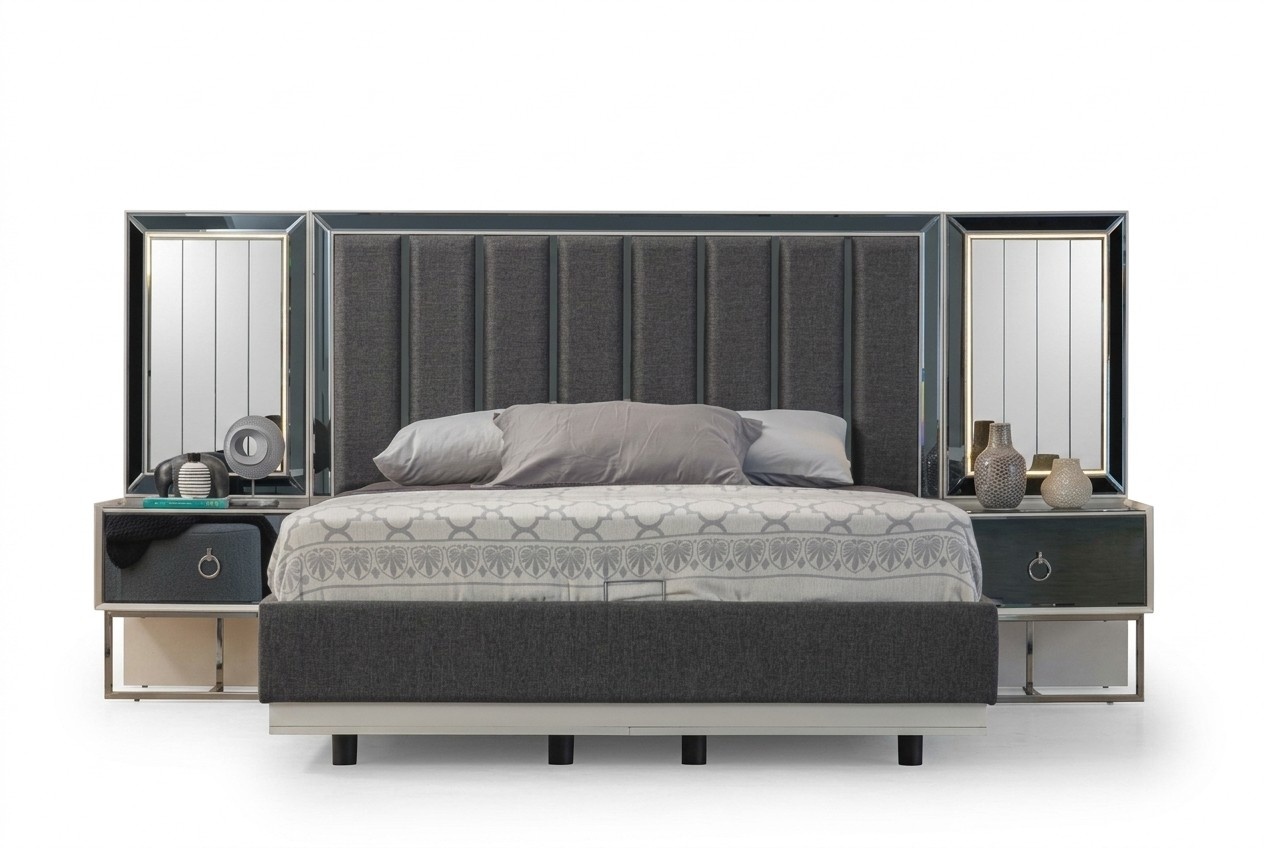 Grey Bedroom Set Stainless Steel Bed 2x Wooden Bedside Tables 3pcs Set