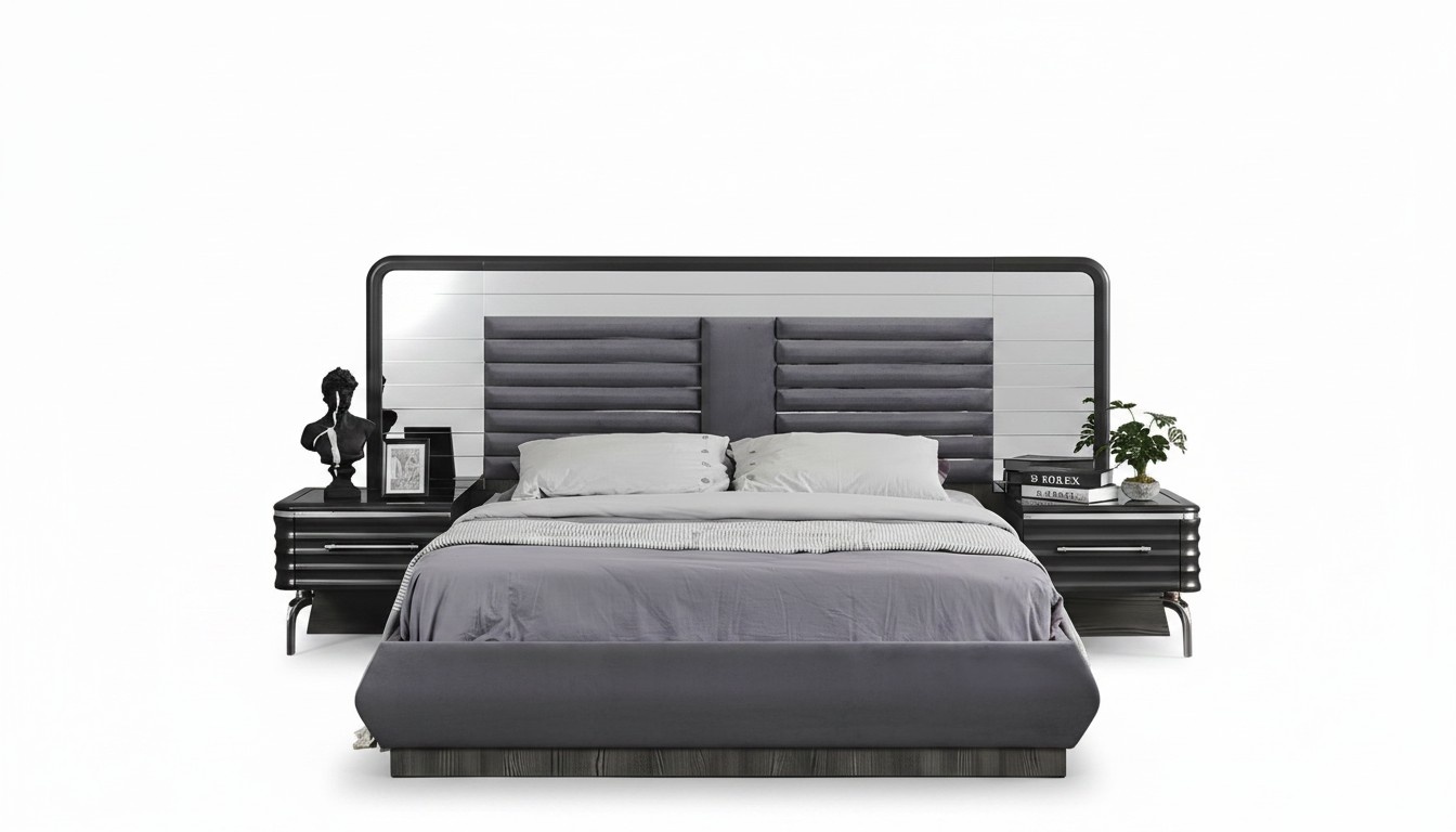 Grey bedroom set double bed 2x bedside tables with drawers