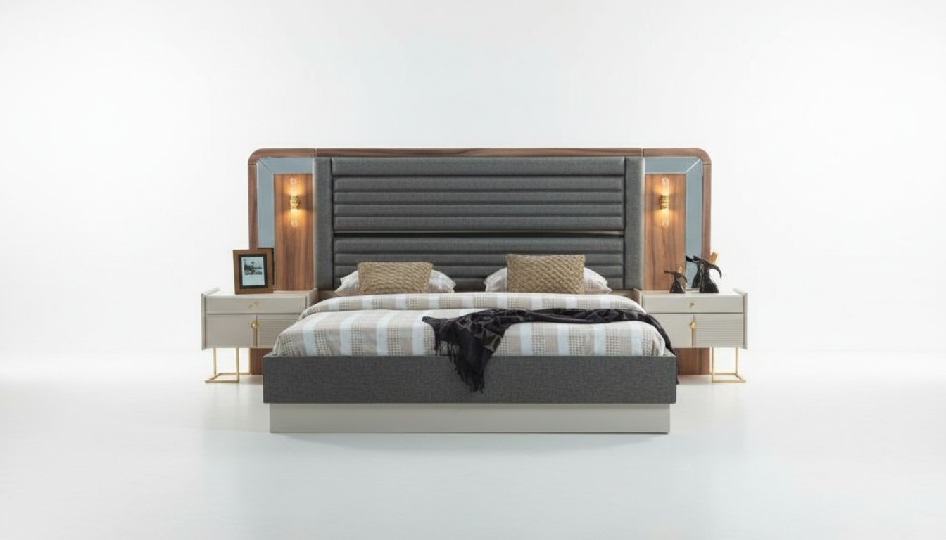 Grey beds Designer bedroom double bed 2x wooden bedside tables 3pcs