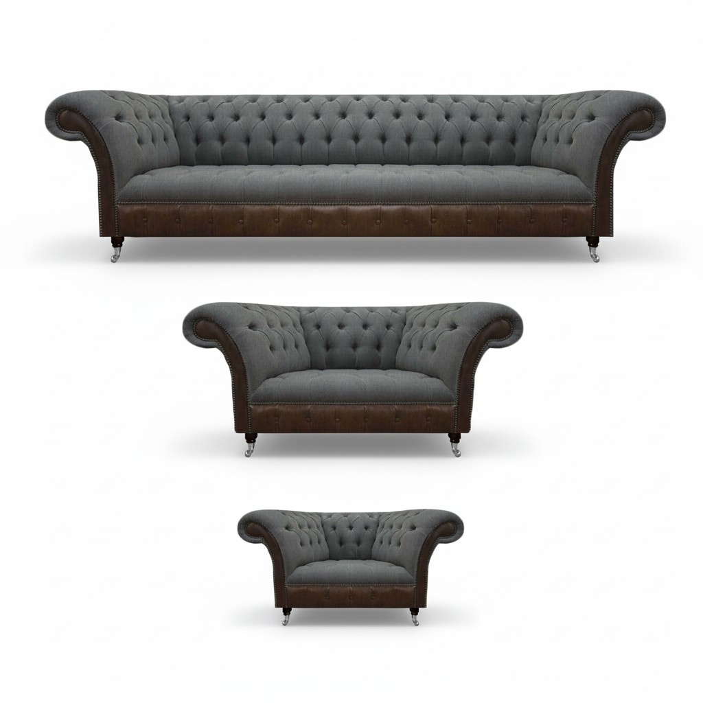 Gray-Brown Chesterfield Sofa Set Living Room Seating Furniture 4-Seater 3-Piece