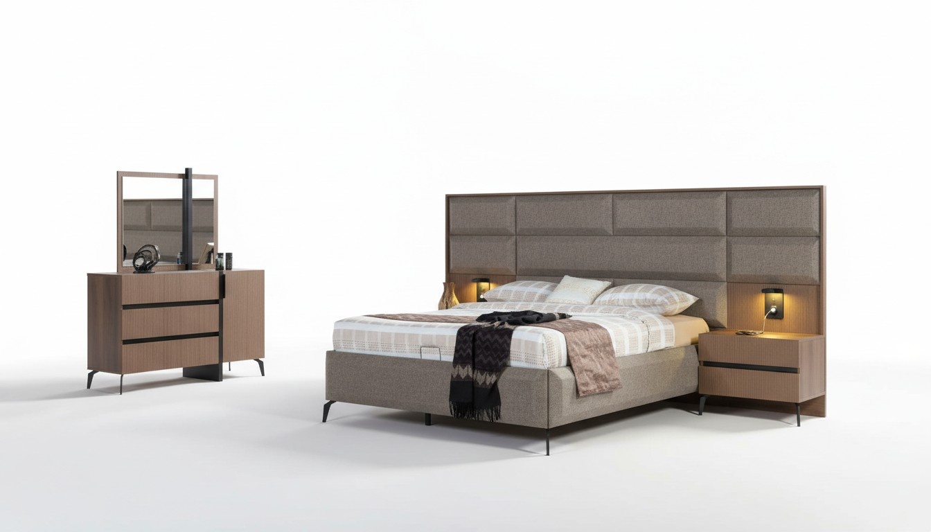 Gray-Brown Double Bed Exclusive Bedroom Dresser Mirror 5-Piece Set