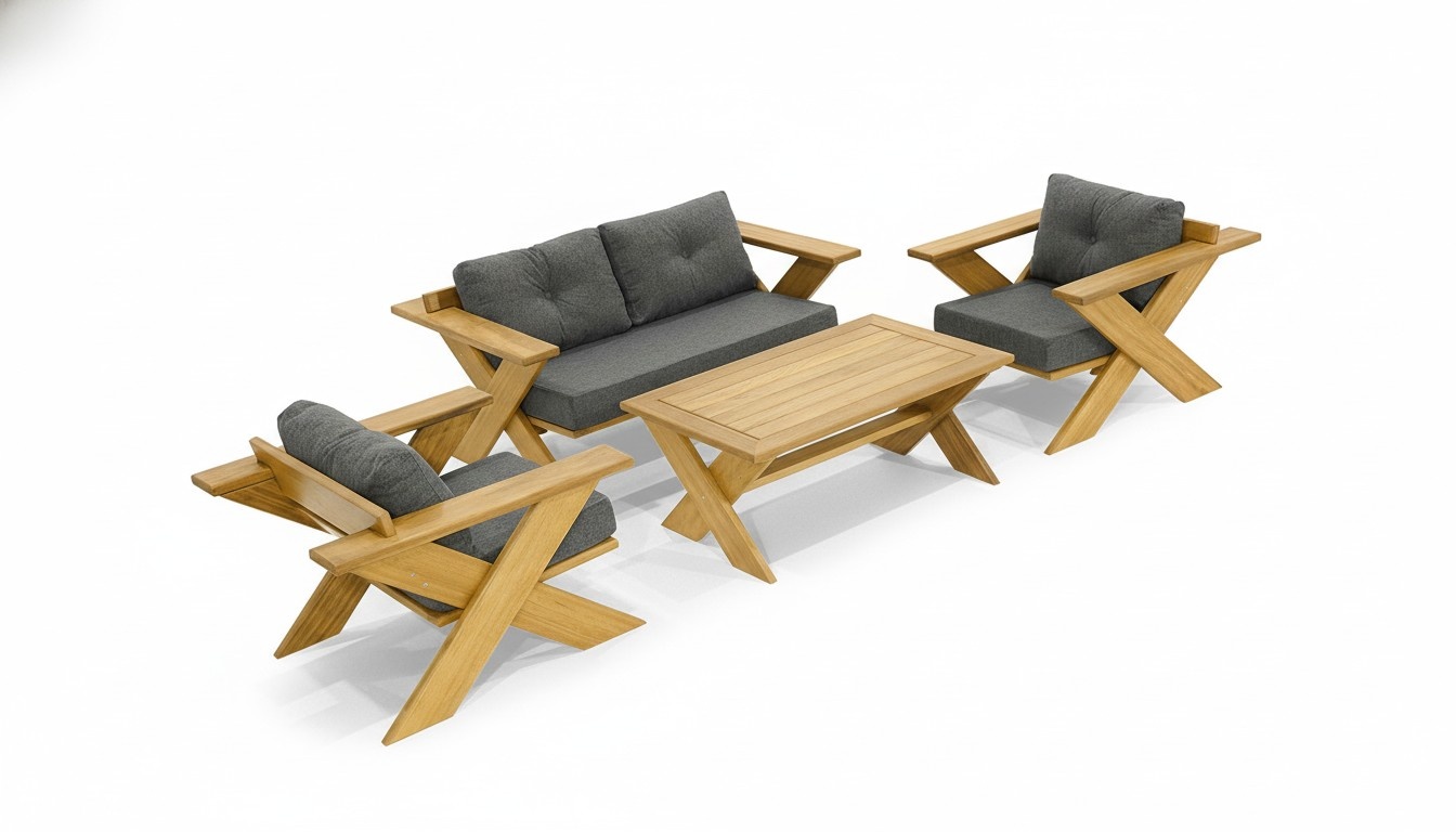 Gray-Brown Garden Furniture Wooden Coffee Table Designer 2x Armchair 2-Seater