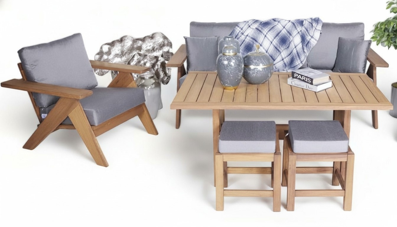 Gray-Brown Upholstered Sofa Set 3+1 Modern Garden Furniture 3-piece Dining Table