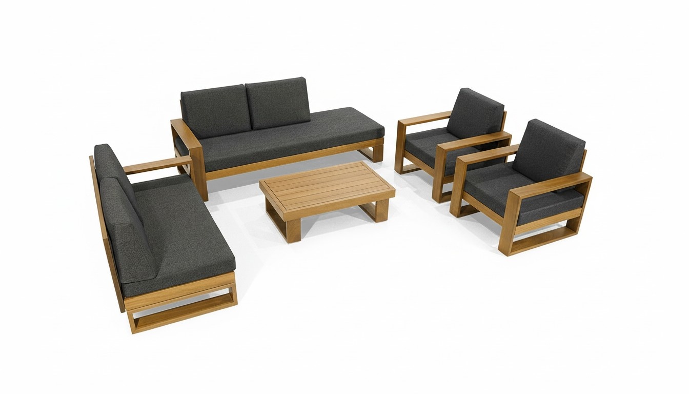 Gray-brown upholstered seating group Elegant garden furniture Modern coffee table 5-piece set