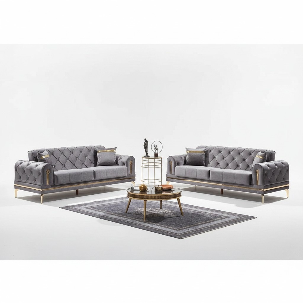 Gray Chesterfield 2x Sofas Couch Set Sofa 3 Seater Luxury Upholstered Furniture