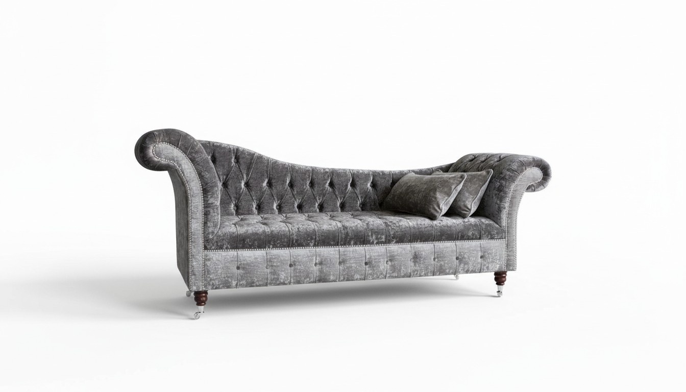 Grey Chesterfield Sofa 3-Seater Textile Upholstered Chaise Longue Type Unique Design Couch on Casters New