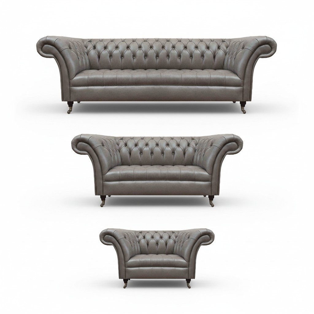 Gray Chesterfield Leather Sofas Designer Armchair Three-Seater Sofa Set